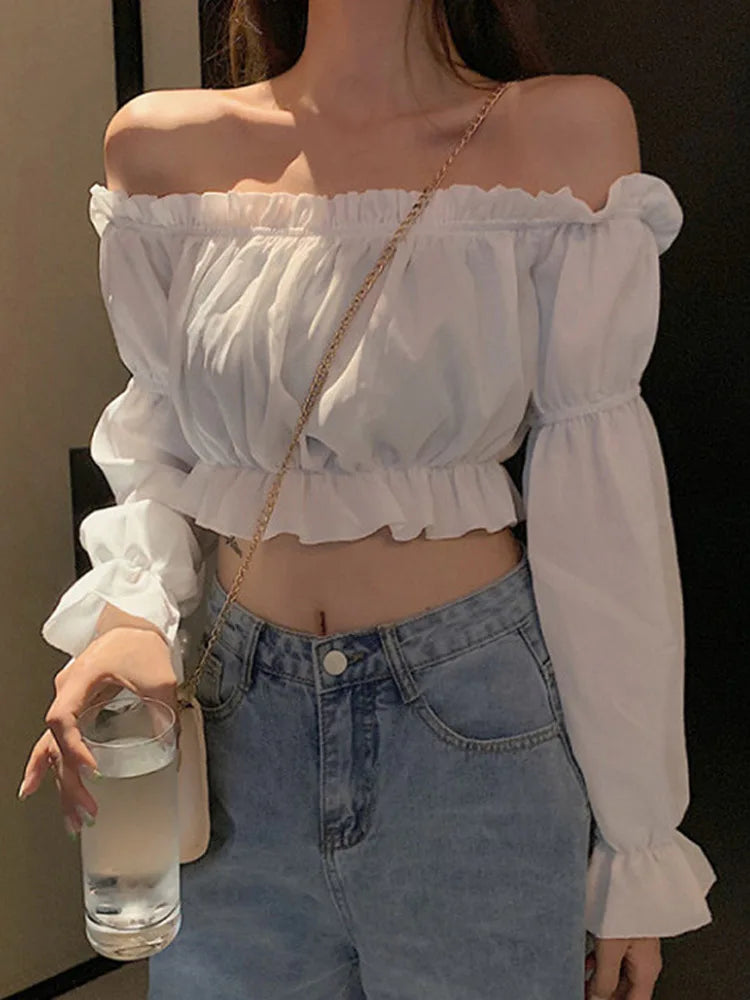 Top Crop con Hombros Descubiertos y Mangas Abullonadas | Escote Bardot con Volantes