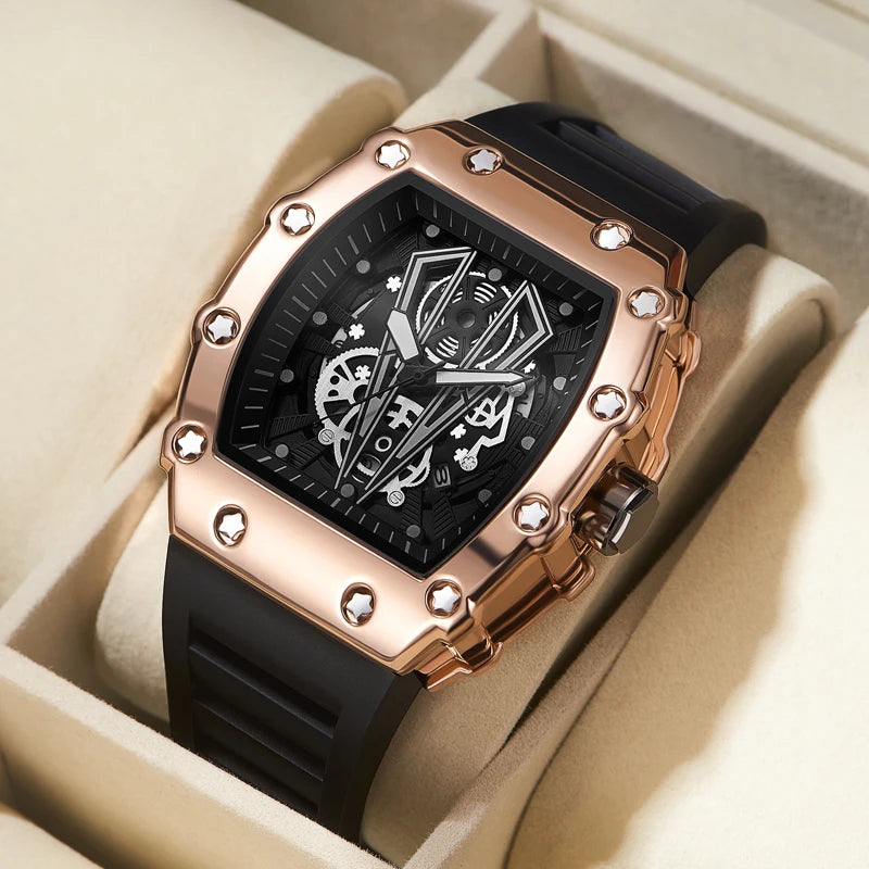 Reloj Deportivo de Lujo Estilo Tonneau con Esfera Skeleton y Correa de Silicona