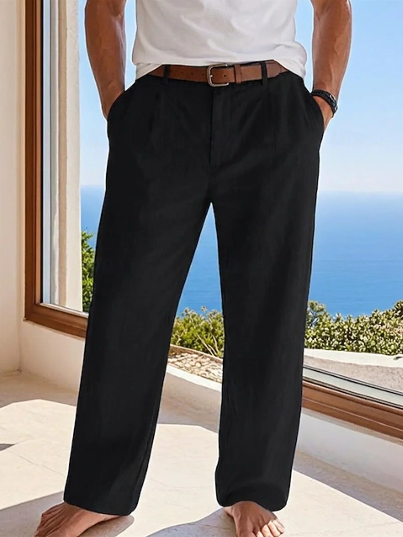 Pantalón Casual de Lino y Algodón con Cintura Elástica y Cordón