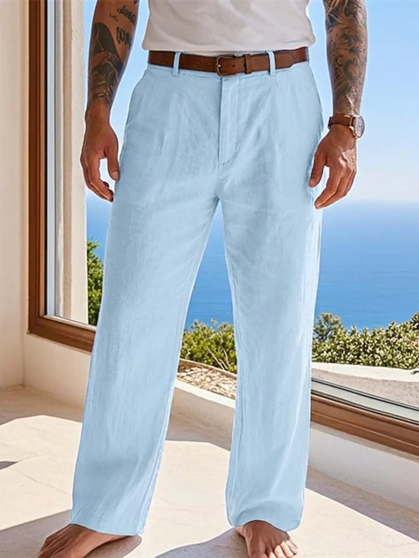 Pantalón Casual de Lino y Algodón con Cintura Elástica y Cordón