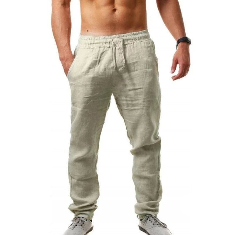 Pantalón Casual de Lino y Algodón con Cintura Elástica y Cordón