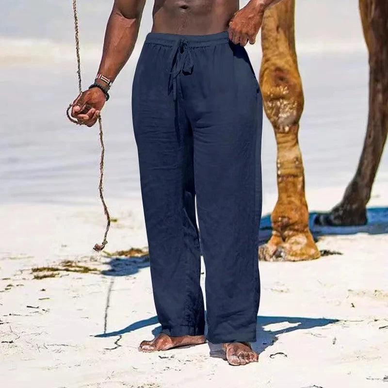 Pantalón Casual de Lino y Algodón con Cintura Elástica y Cordón