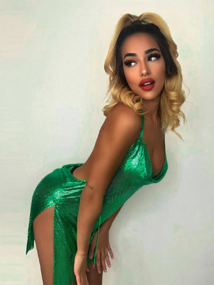 Vestido Mini Metalizado con Escote Drapeado y Espalda Descubierta