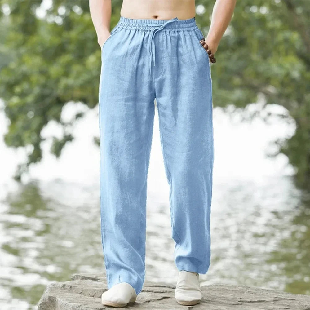 Pantalón Casual de Lino y Algodón con Cintura Elástica y Cordón