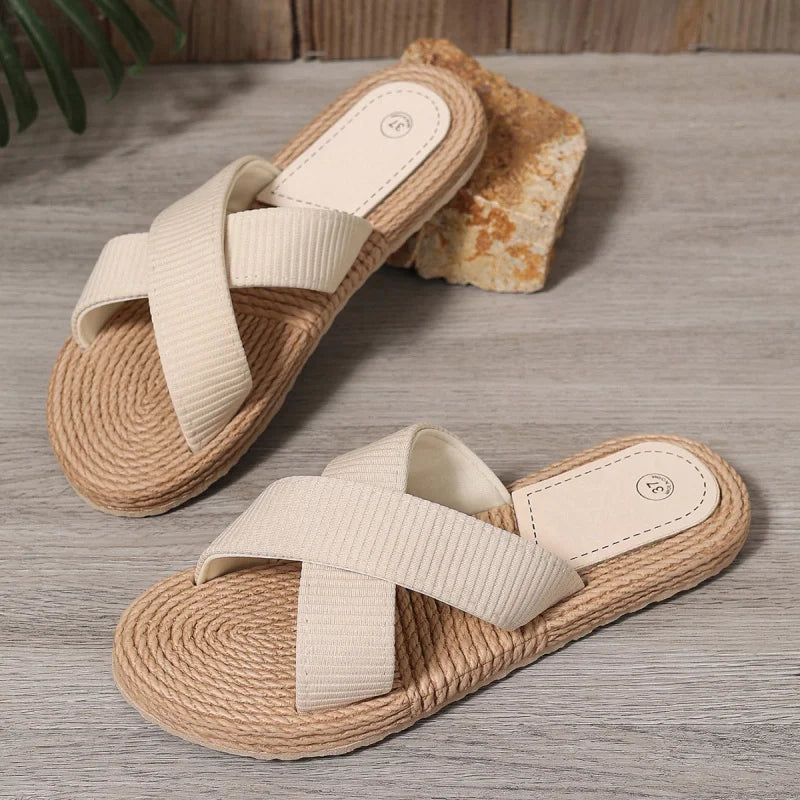 Sandalias Planas con Tiras Cruzadas Texturizadas | Suela Ultraligera Efecto Yute