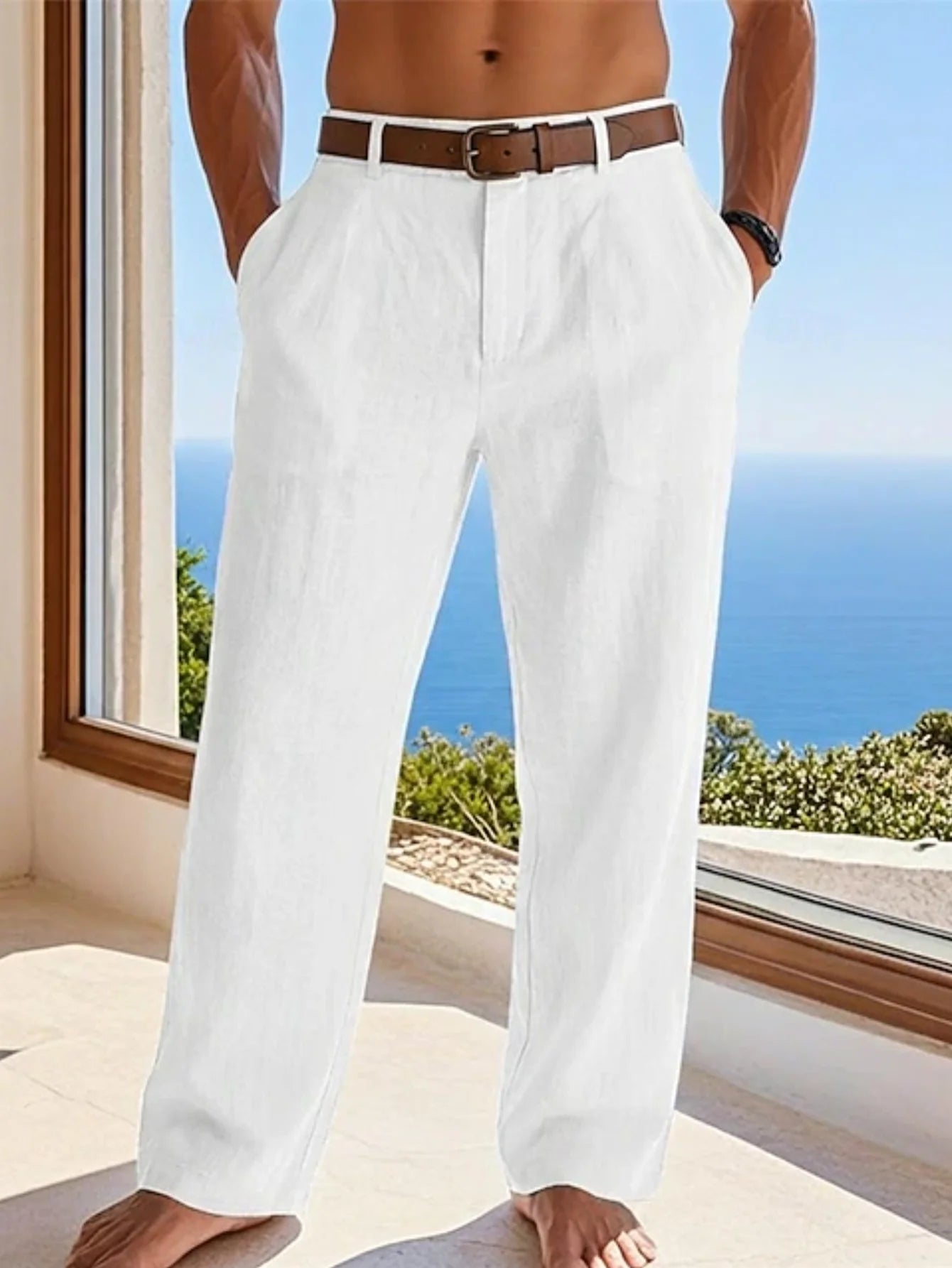 Pantalón Casual de Lino y Algodón con Cintura Elástica y Cordón