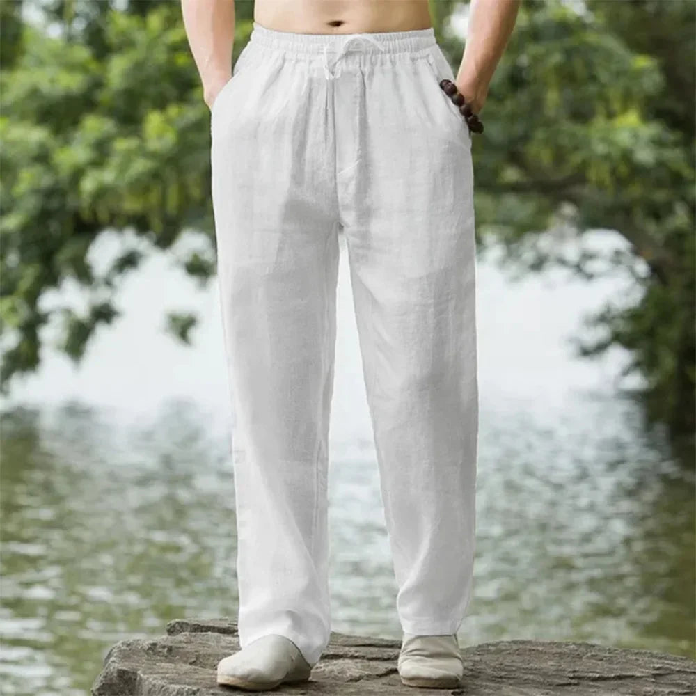 Pantalón Casual de Lino y Algodón con Cintura Elástica y Cordón