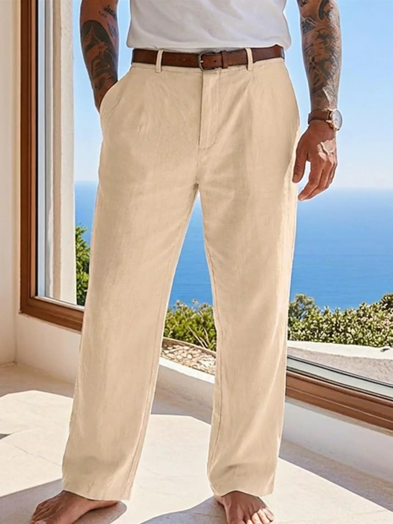 Pantalón Casual de Lino y Algodón con Cintura Elástica y Cordón