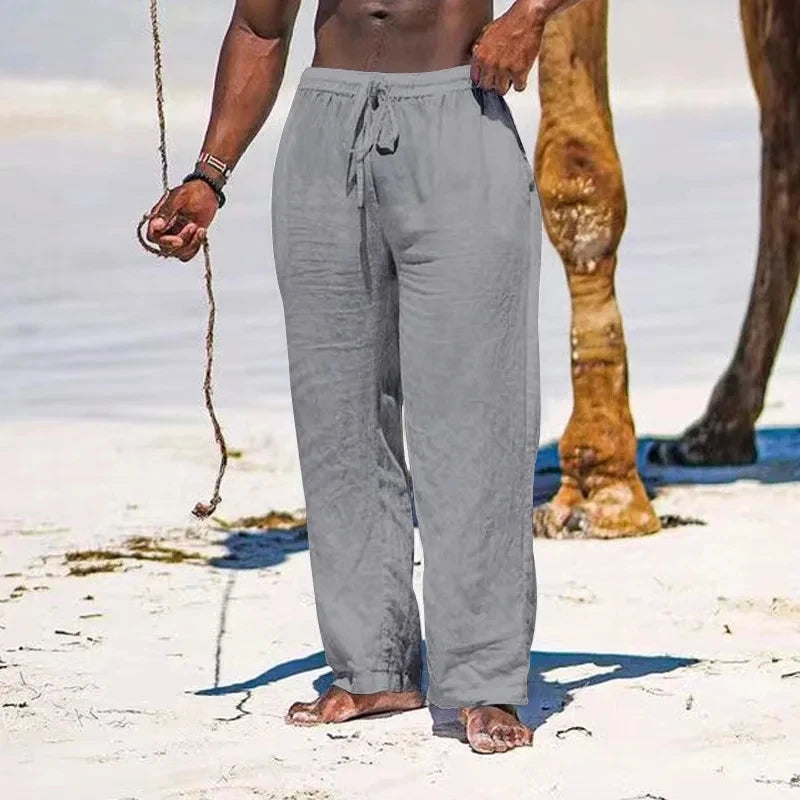 Pantalón Casual de Lino y Algodón con Cintura Elástica y Cordón