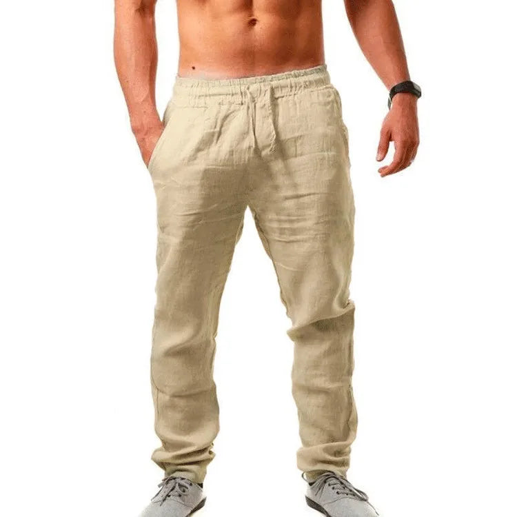 Pantalón Casual de Lino y Algodón con Cintura Elástica y Cordón