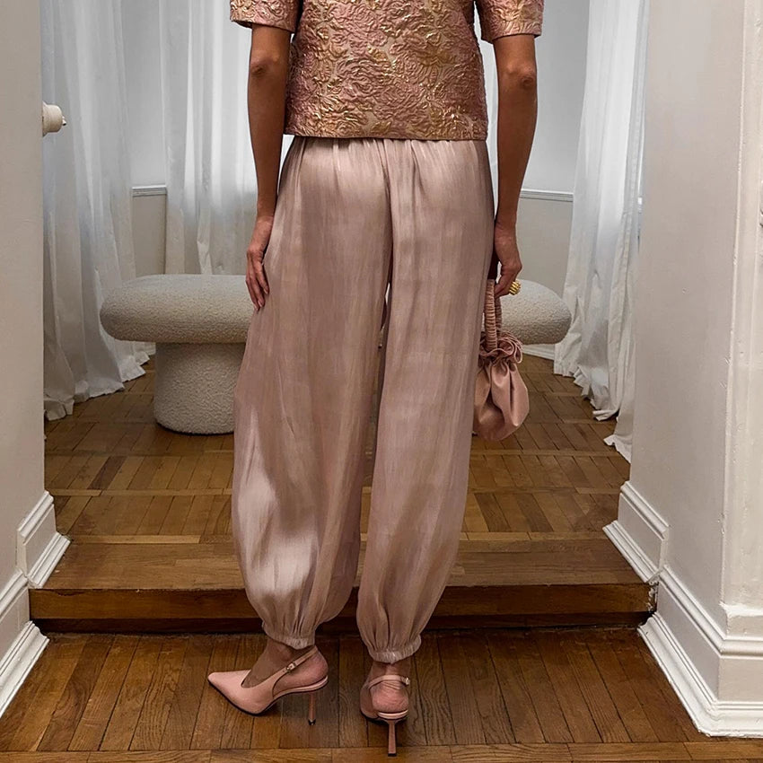 Pantalón Satinado Estilo Bombacho | Cintura Elástica de Tiro Alto para Fiesta