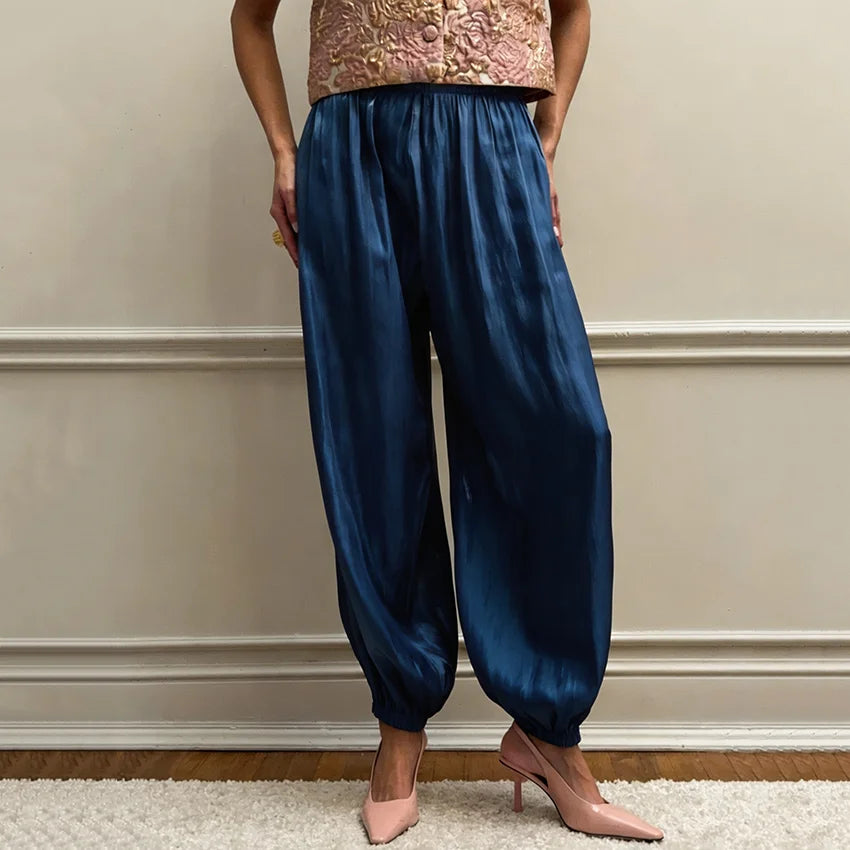 Pantalón Satinado Estilo Bombacho | Cintura Elástica de Tiro Alto para Fiesta