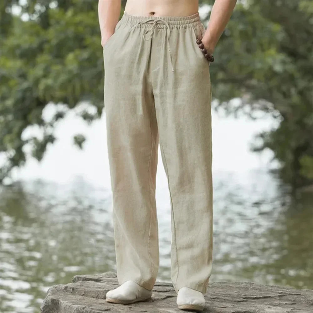 Pantalón Casual de Lino y Algodón con Cintura Elástica y Cordón