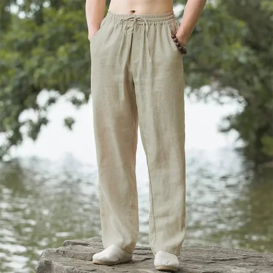 Pantalón Casual de Lino y Algodón con Cintura Elástica y Cordón