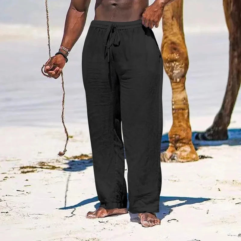 Pantalón Casual de Lino y Algodón con Cintura Elástica y Cordón