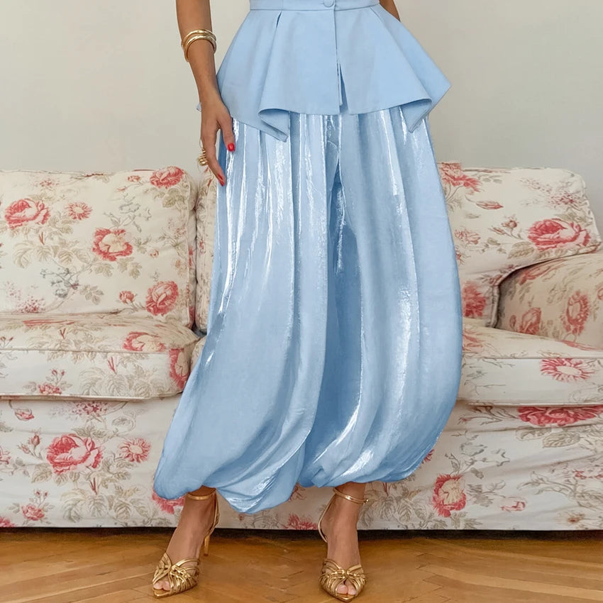 Pantalón Satinado Estilo Bombacho | Cintura Elástica de Tiro Alto para Fiesta