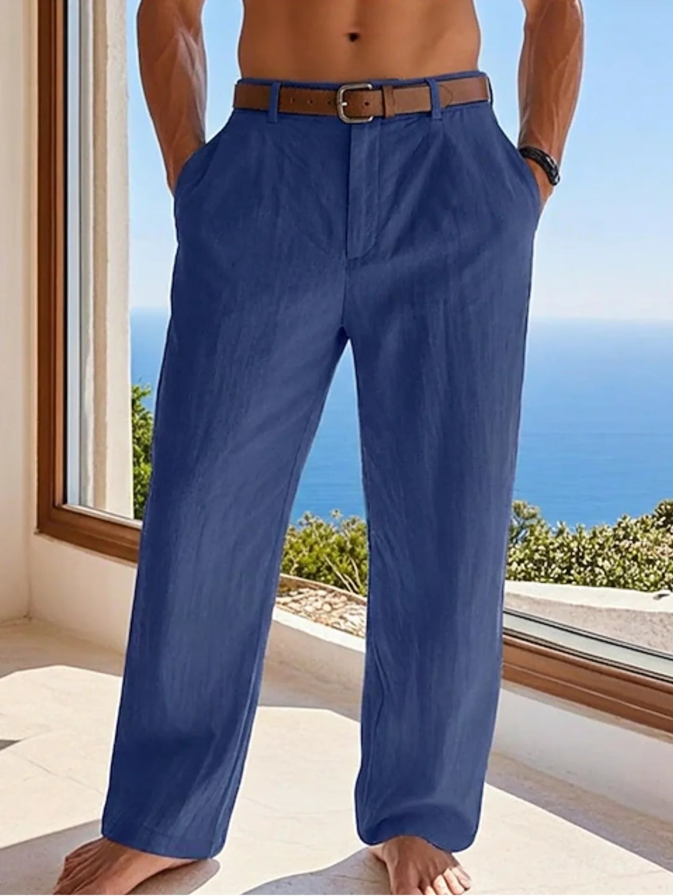 Pantalón Casual de Lino y Algodón con Cintura Elástica y Cordón