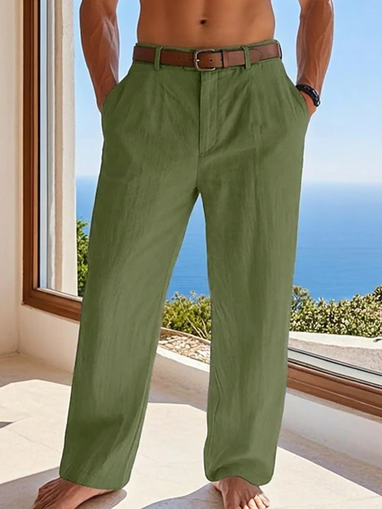 Pantalón Casual de Lino y Algodón con Cintura Elástica y Cordón