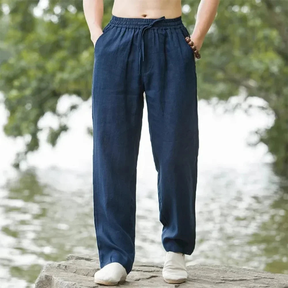 Pantalón Casual de Lino y Algodón con Cintura Elástica y Cordón