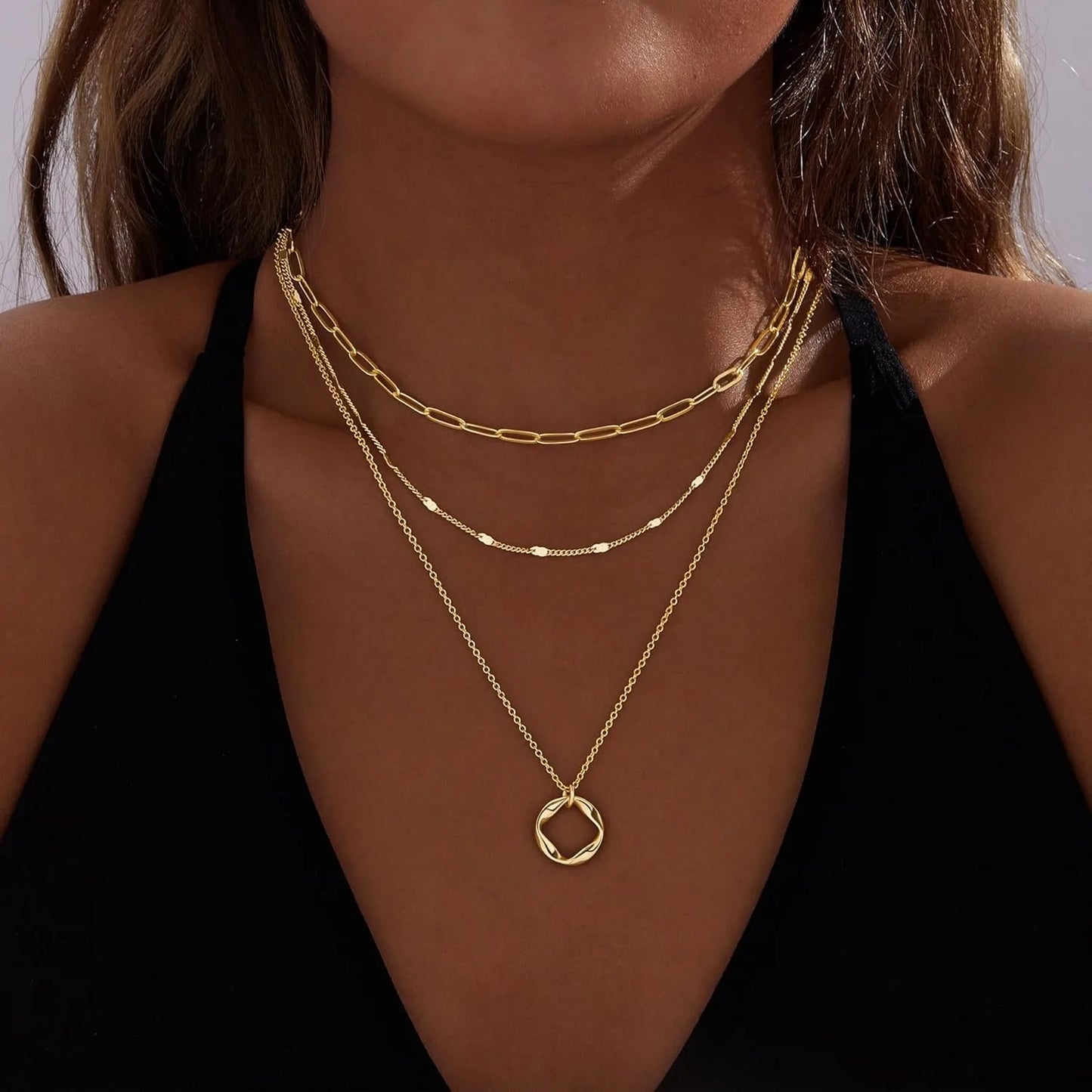 Layered 14K Gold Plated Necklaces for Women Stackable Silver Plated Circle Paperclip Chain Pendant Choker Necklace Set For Woman