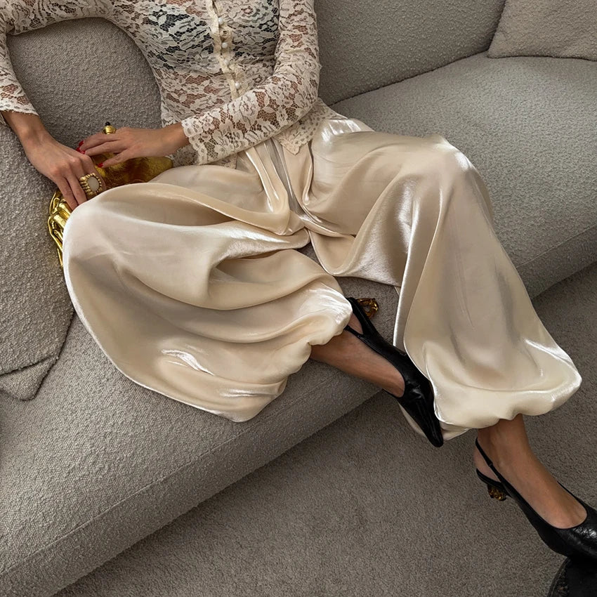 Pantalón Satinado Estilo Bombacho | Cintura Elástica de Tiro Alto para Fiesta