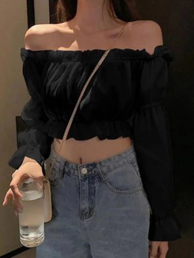 Top Crop con Hombros Descubiertos y Mangas Abullonadas | Escote Bardot con Volantes