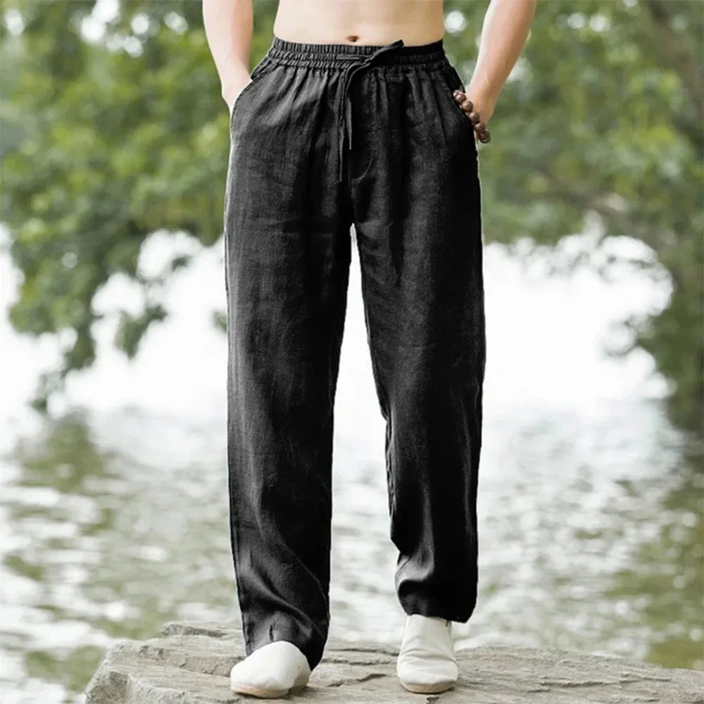 Pantalón Casual de Lino y Algodón con Cintura Elástica y Cordón