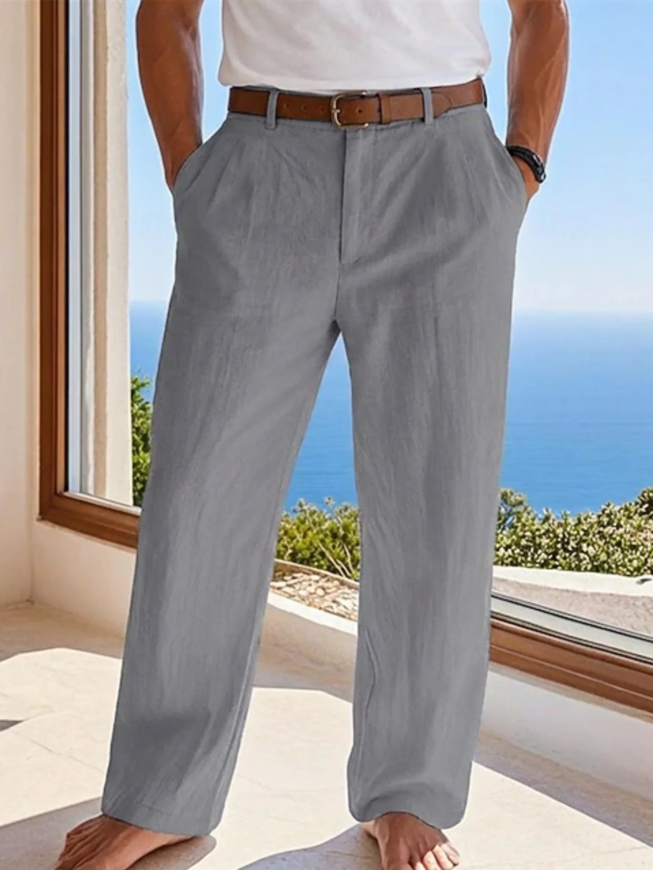 Pantalón Casual de Lino y Algodón con Cintura Elástica y Cordón
