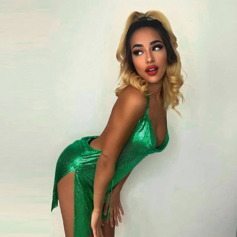 Vestido Mini Metalizado con Escote Drapeado y Espalda Descubierta