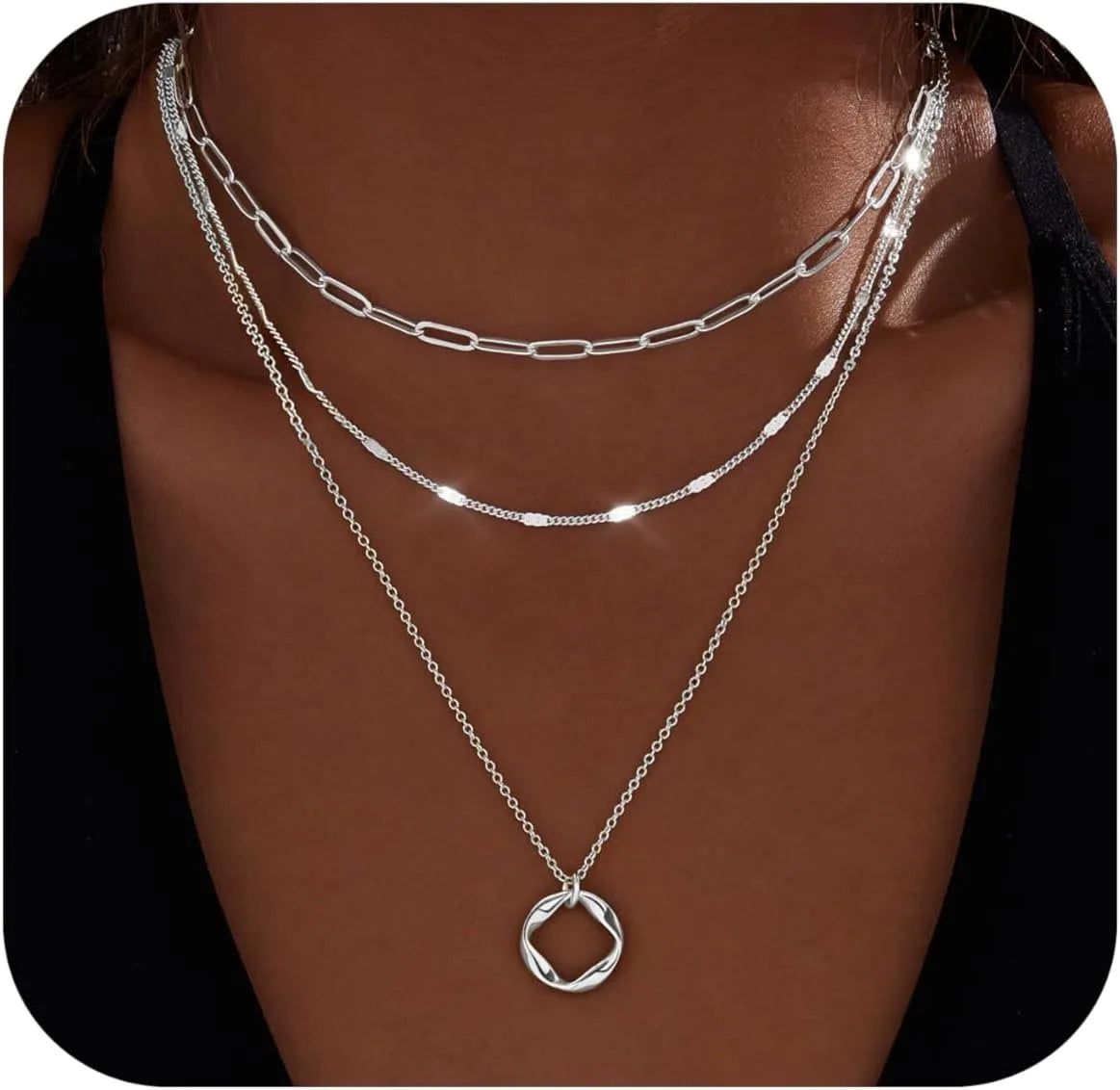 Layered 14K Gold Plated Necklaces for Women Stackable Silver Plated Circle Paperclip Chain Pendant Choker Necklace Set For Woman