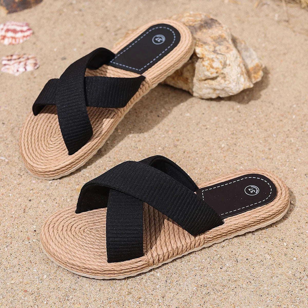 Sandalias Planas con Tiras Cruzadas Texturizadas | Suela Ultraligera Efecto Yute