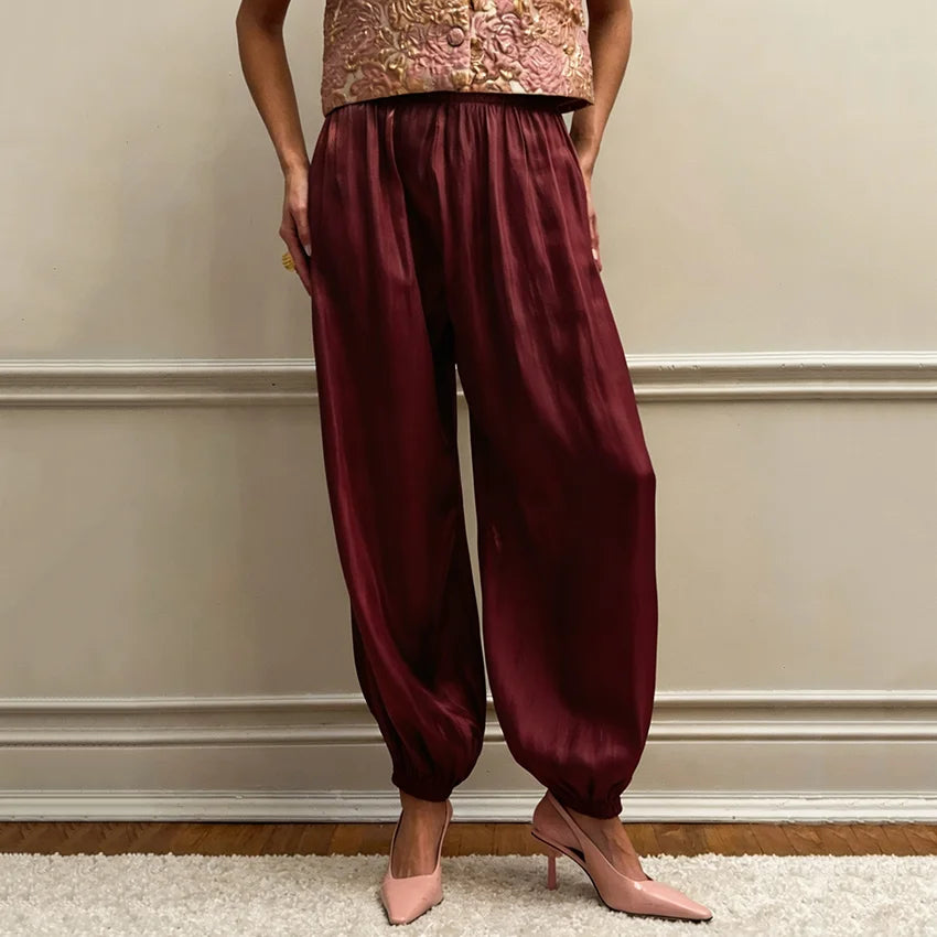Pantalón Satinado Estilo Bombacho | Cintura Elástica de Tiro Alto para Fiesta