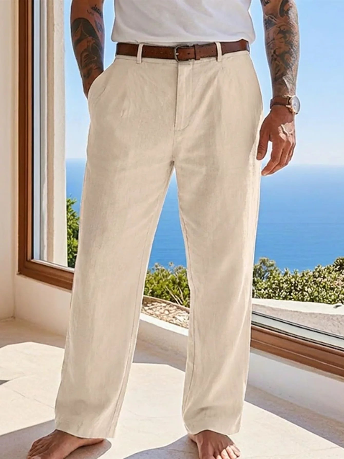 Pantalón Casual de Lino y Algodón con Cintura Elástica y Cordón