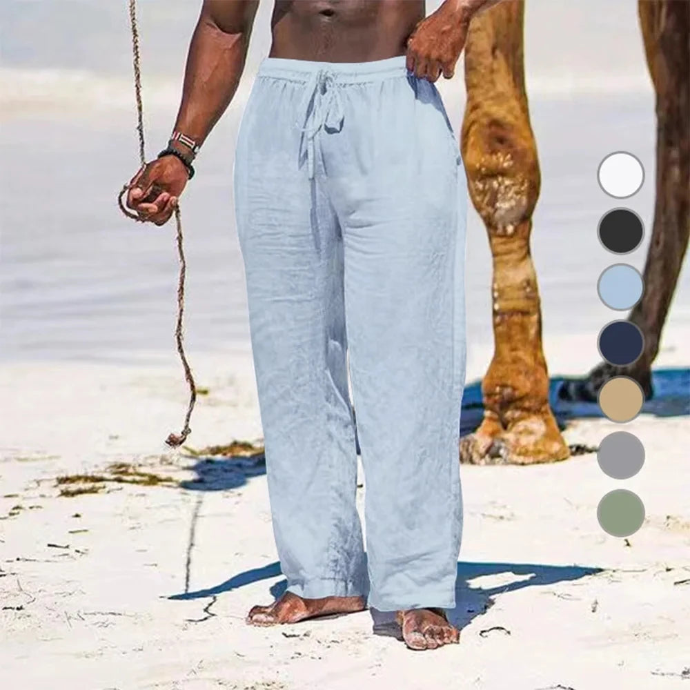 Pantalón Casual de Lino y Algodón con Cintura Elástica y Cordón