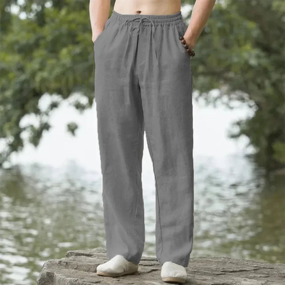 Pantalón Casual de Lino y Algodón con Cintura Elástica y Cordón