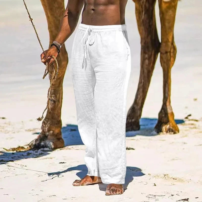 Pantalón Casual de Lino y Algodón con Cintura Elástica y Cordón