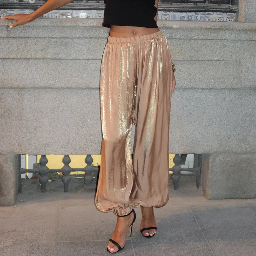 Pantalón Satinado Estilo Bombacho | Cintura Elástica de Tiro Alto para Fiesta