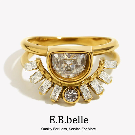 Anillo Doble Halo Art Déco | Acero Inoxidable y Baño de Oro 18K