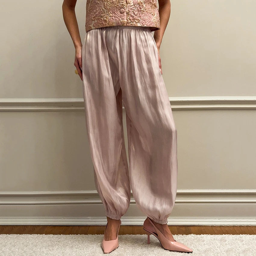 Pantalón Satinado Estilo Bombacho | Cintura Elástica de Tiro Alto para Fiesta