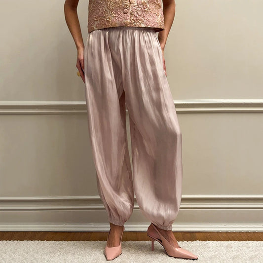 Pantalón Satinado Estilo Bombacho | Cintura Elástica de Tiro Alto para Fiesta